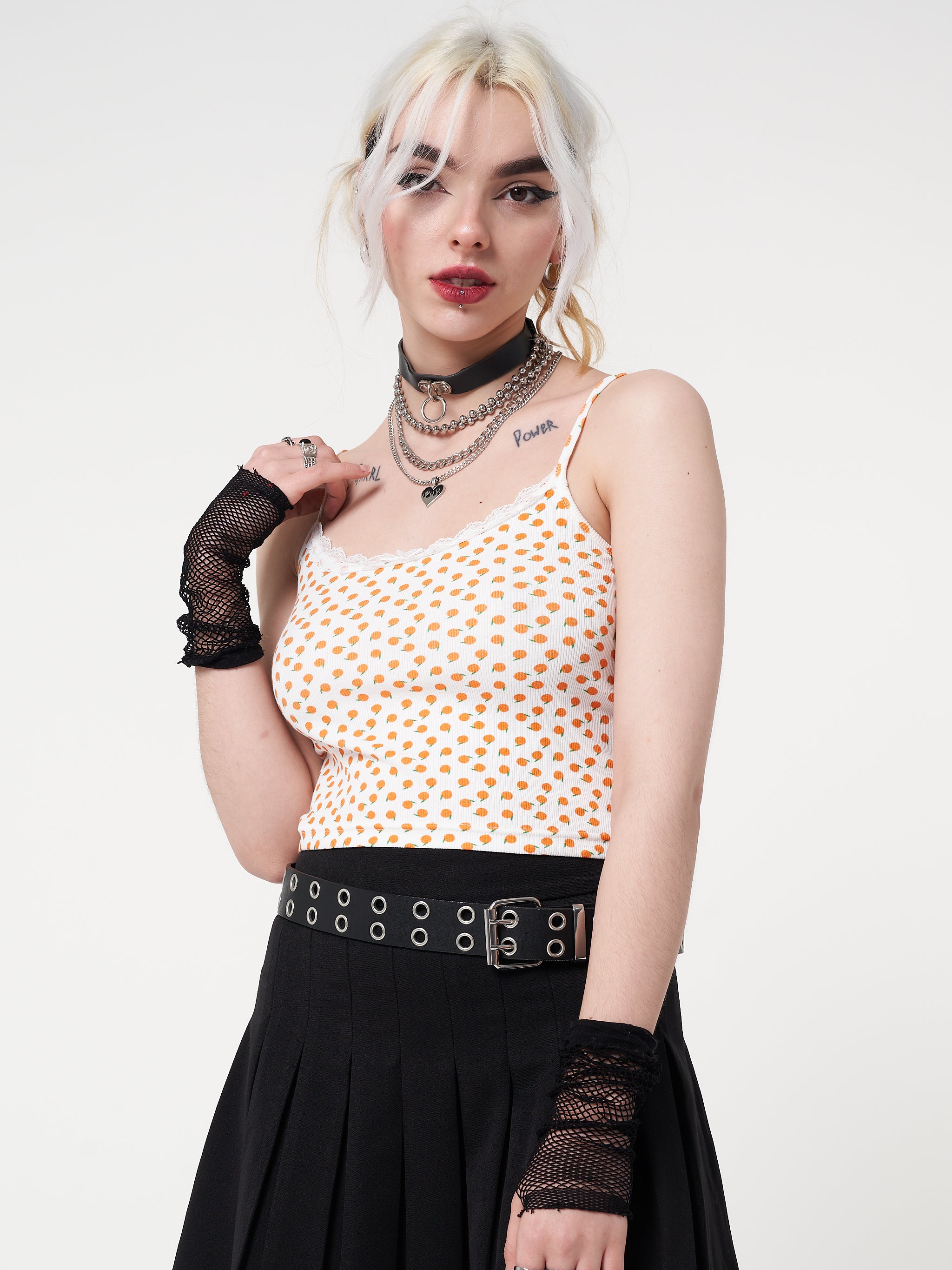 Lace cami crop top in white with all over orange fruit print