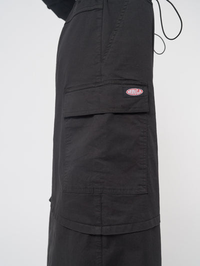Black cargo maxi skirt in parachute style with side utility cargo pockets