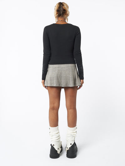 Y2k plaid pleated mini skirt in grey with grommet eyelet strip and D-ring details