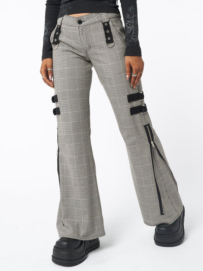 Side zip flare pants in plaid grey with grommet eyelet strip and D-ring details