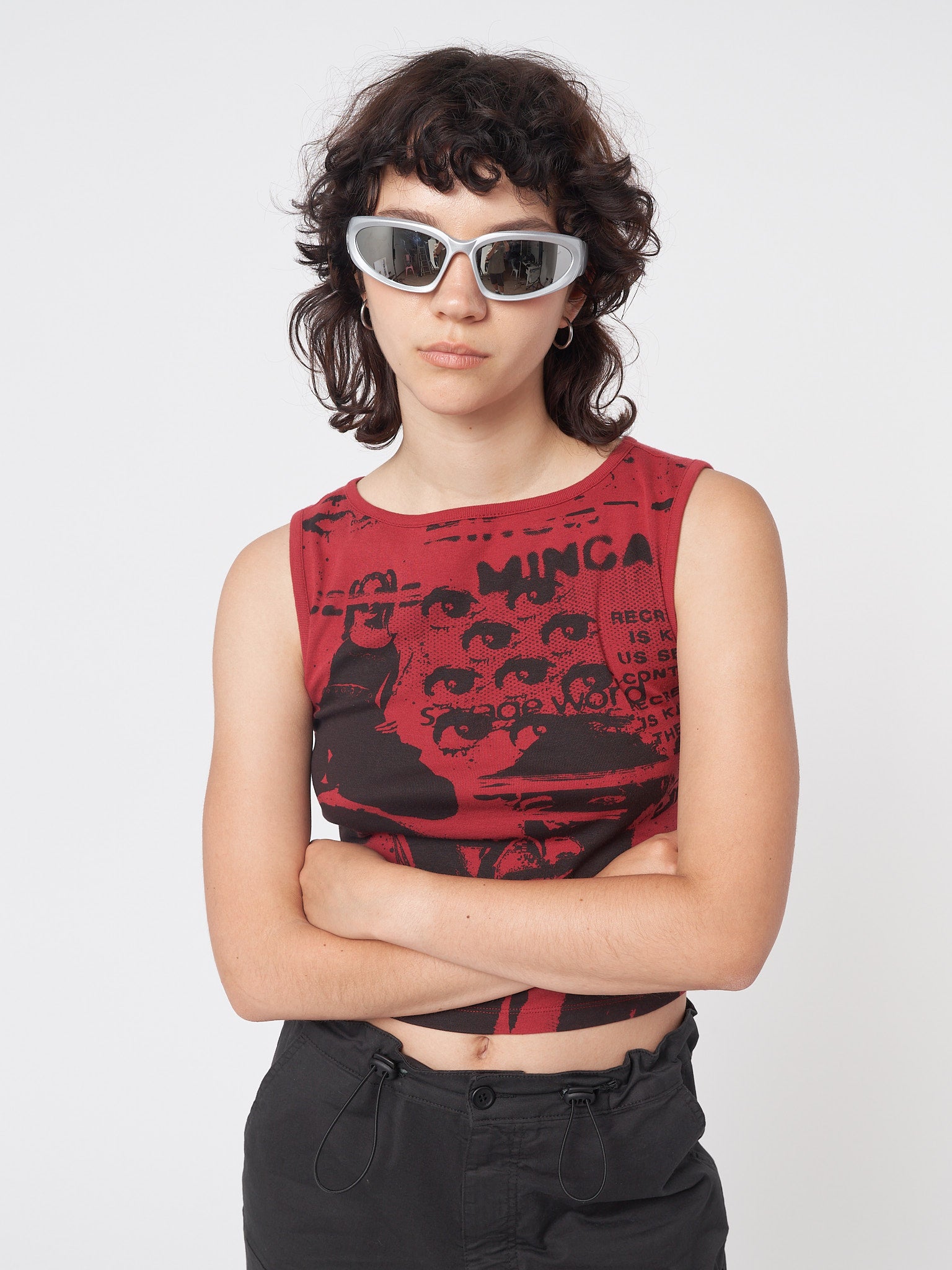 Vest top in red with y2k graphic front print in black