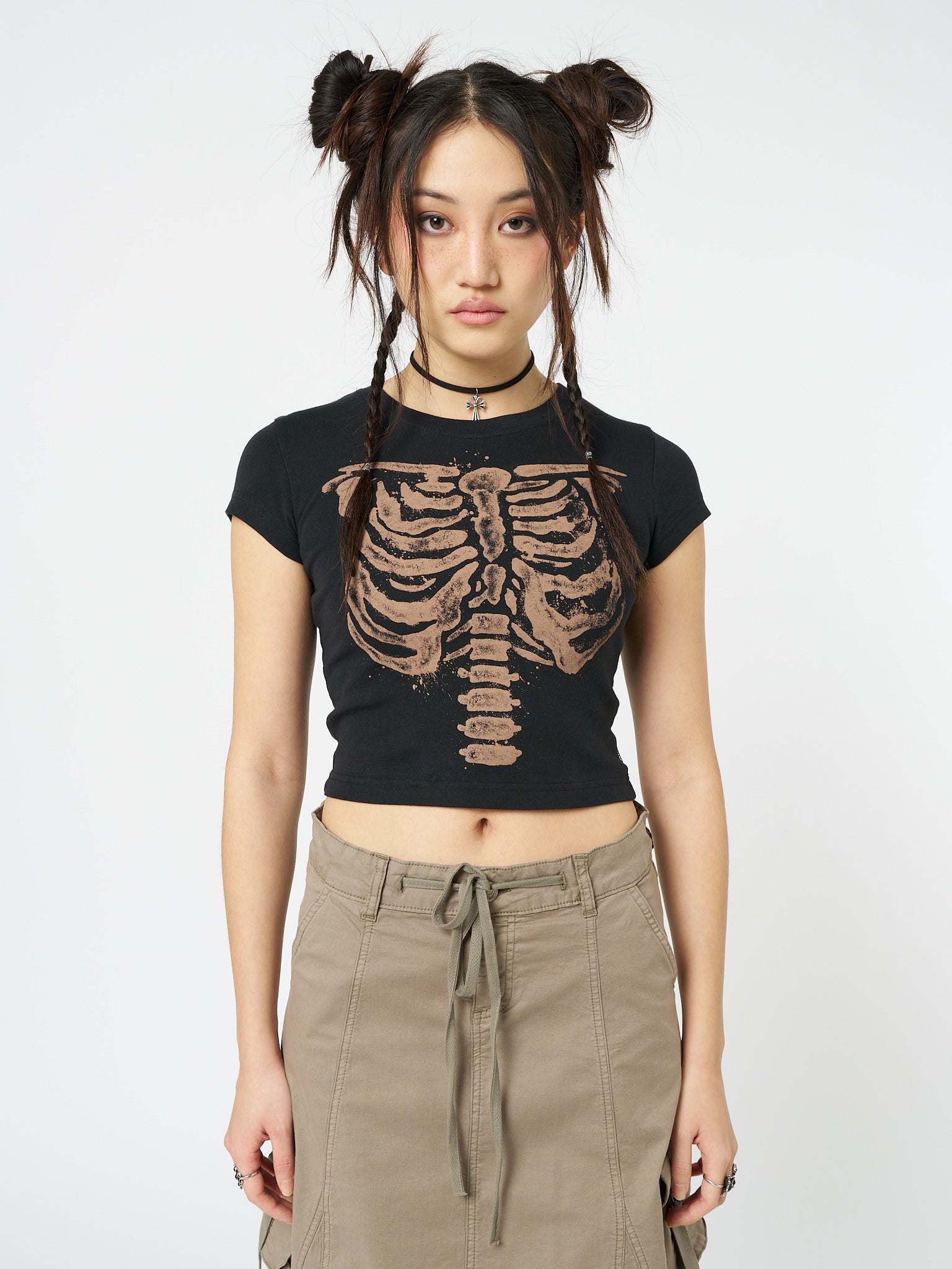 Skeleton Black Graphic Print Baby Tee - Minga EU