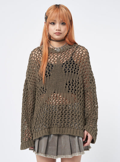 Open knit jumper in wood green featuring star front design