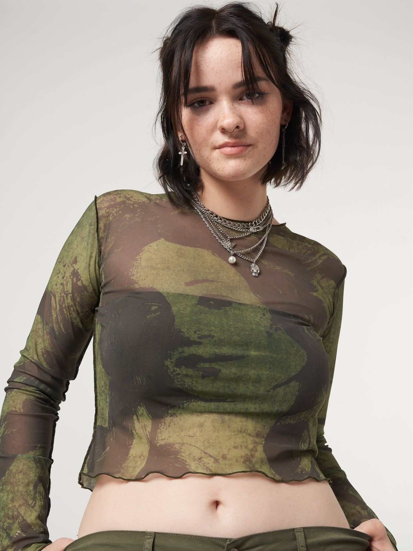 Mesh crop top in olive green with all over Venus print
