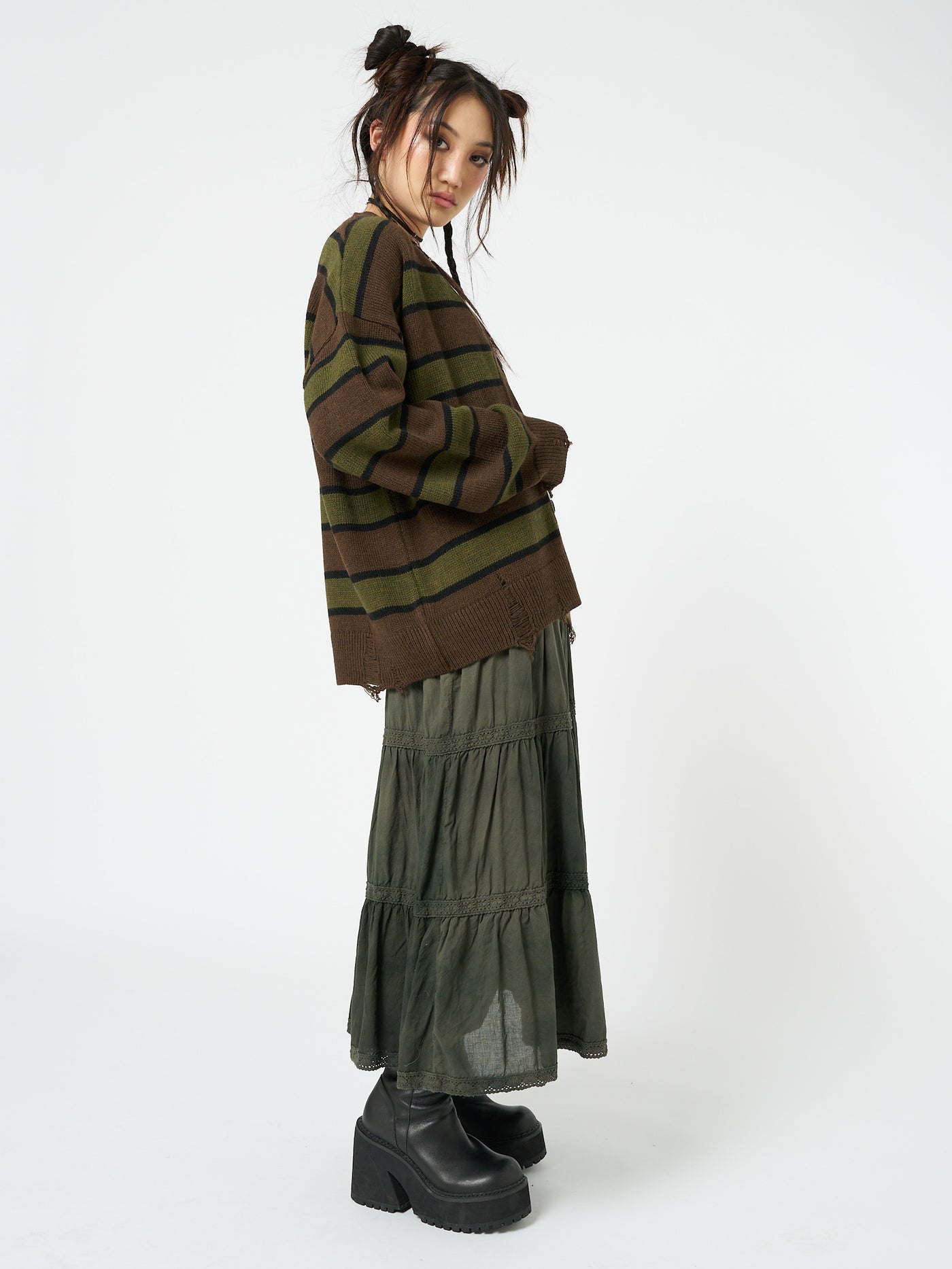 Neesa Brown & Green Stripe Knit Cardigan - Minga EU