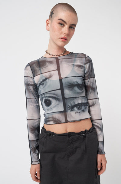 Mesh crop top with all over Mirror Eyes graphic print