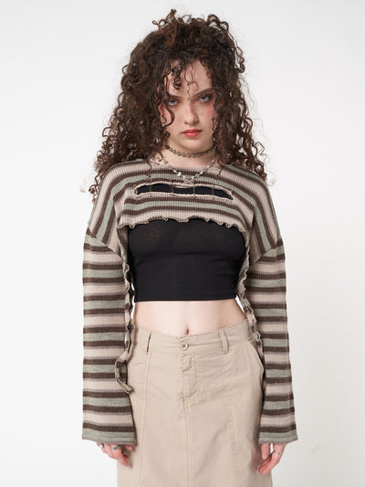 Tie knitted shrug bolero top with all over stripes in green, brown and beige and cut-out detail with safety pins