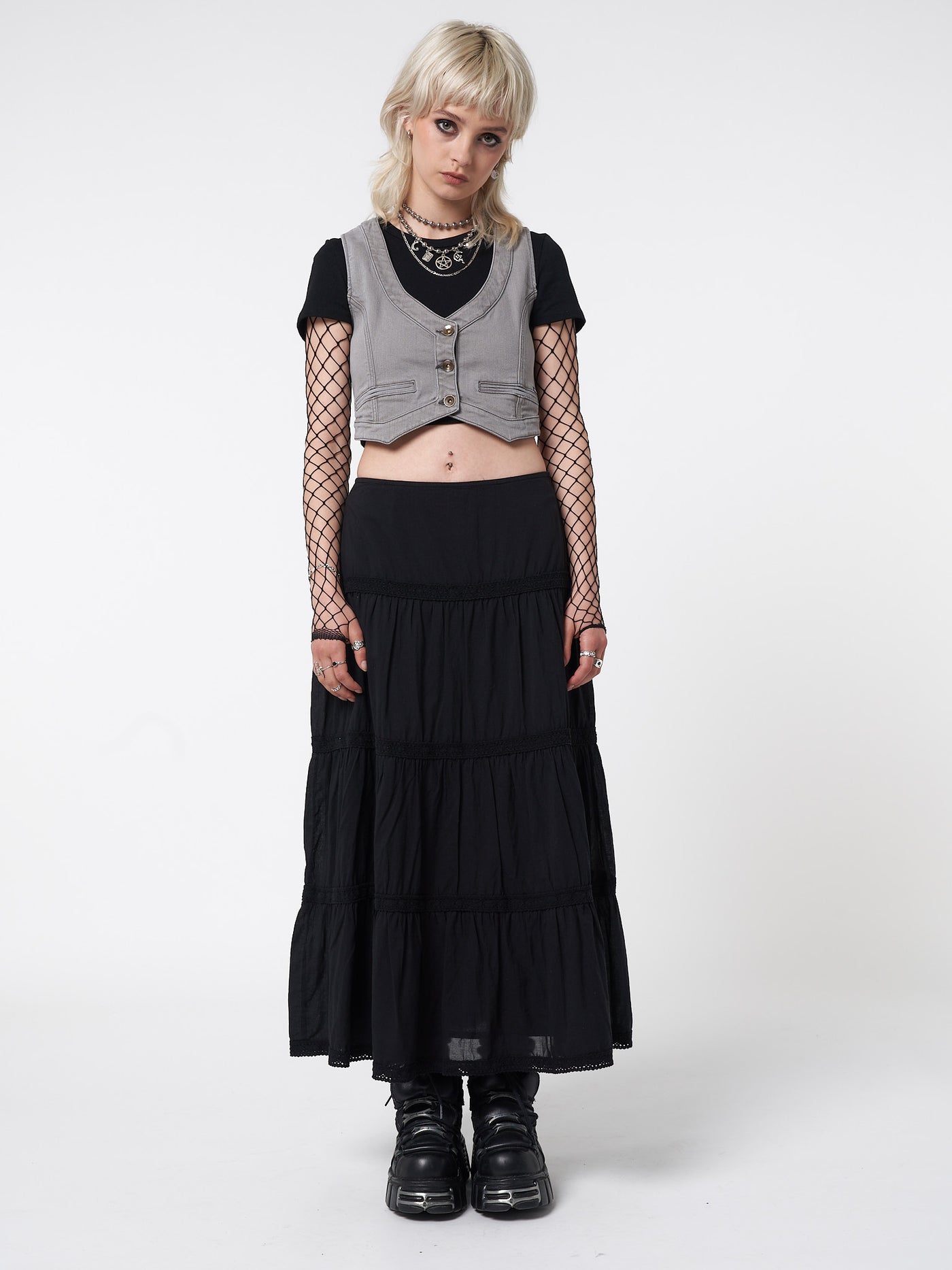 Ruffle maxi skirt in black with all-over crochet lace trims