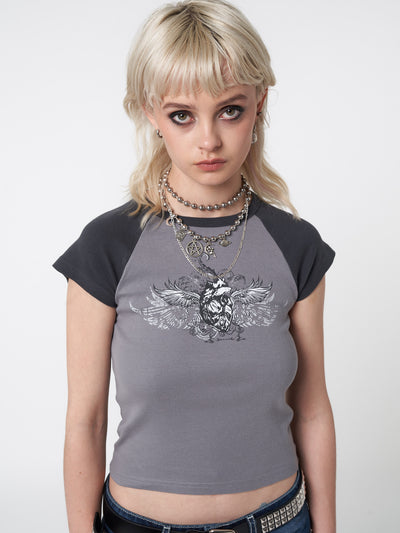 Baseball tee in grey with winged heart front print and contrast raglan sleeves in dark grey